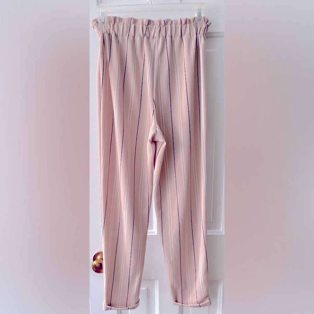 No Comment Pinstripe Gathered Waist Tie Belt Salmon Pink Pinstripe Dress Pants - Picture 3 of 9